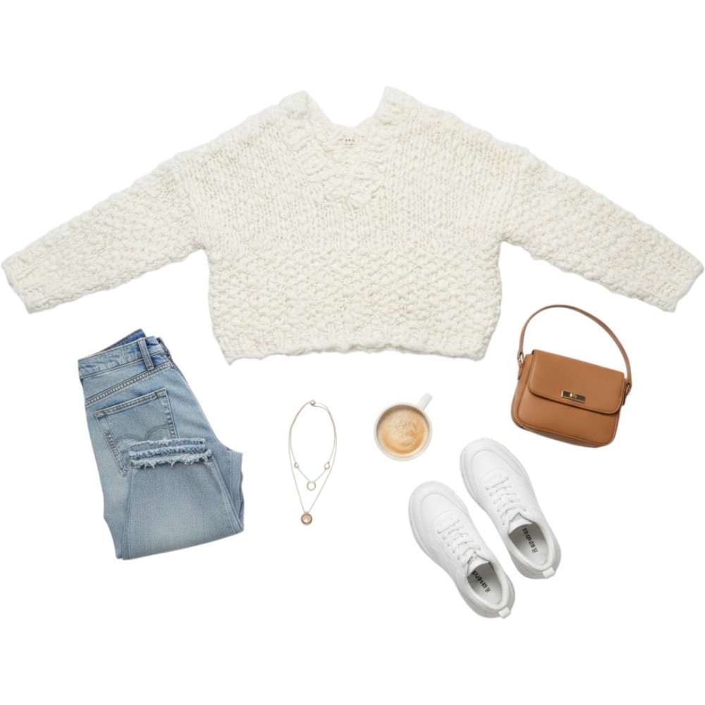 POL HST133 Cream Chunky Boxy V-Neck Oversized Heavy Knit Sweater Womens Large
